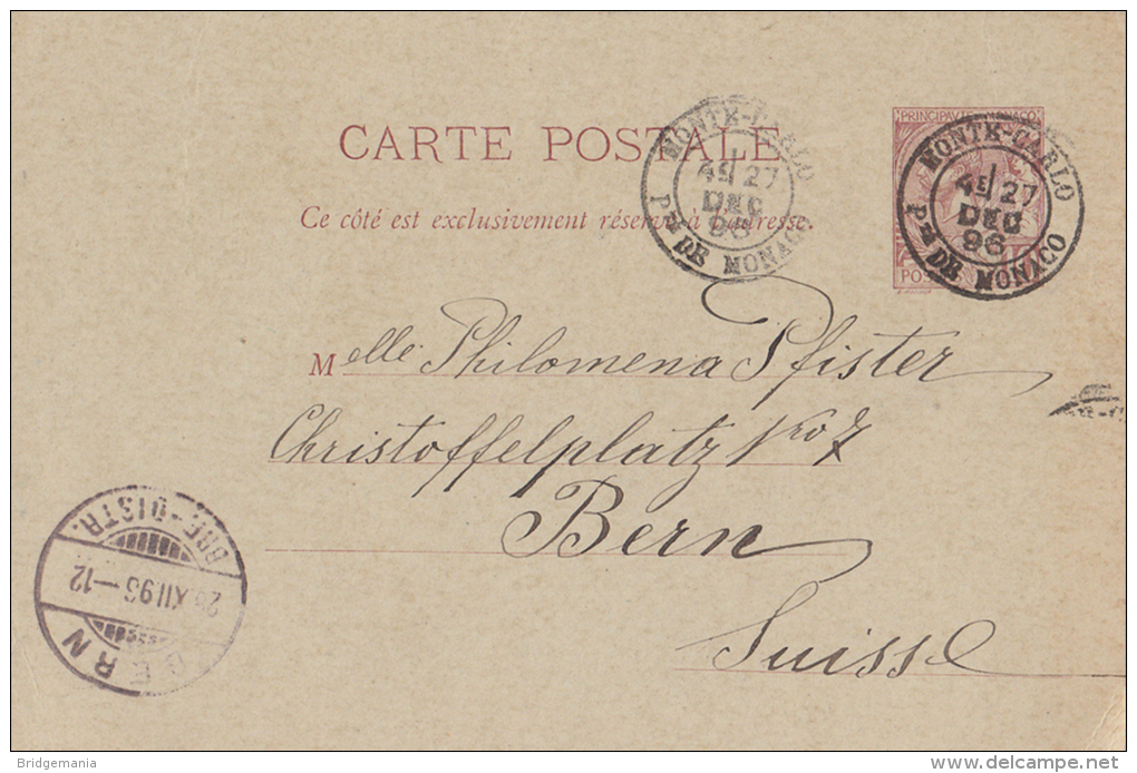 IPE011 Monaco Principate 10 Cent. 1896 Postal Stationary To Switzerland Bern - Entiers Postaux