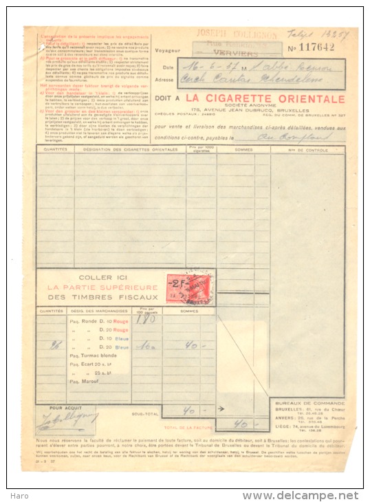 Facture - "La Cigarette Orientale " Bruxelles 1937 ('xh) - 1900 – 1949