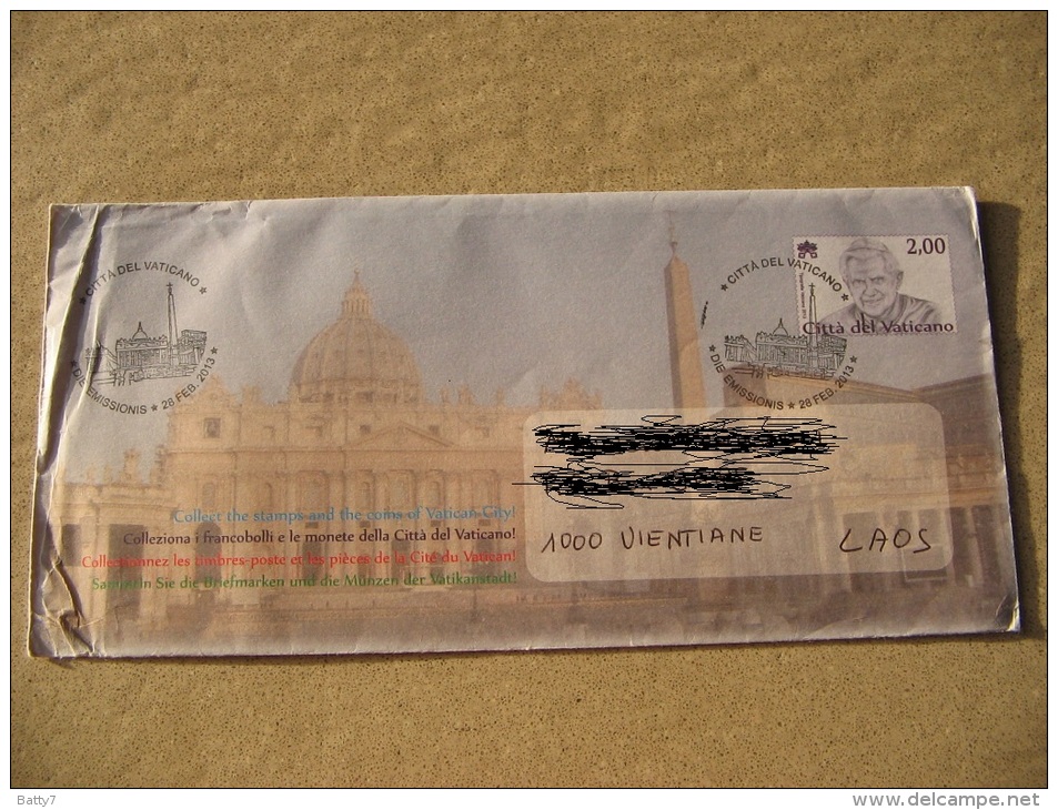 VATICANO 2013 BENEDETTO XVI - BUSTA VIAGGIATA - VIENTIANE LAOS - Storia Postale