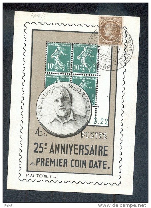 Vignette Sur Carte 1947 Du 25éme Anniversaire Du 1er Coin Daté ' Baron De Vinck' - Cartas & Documentos