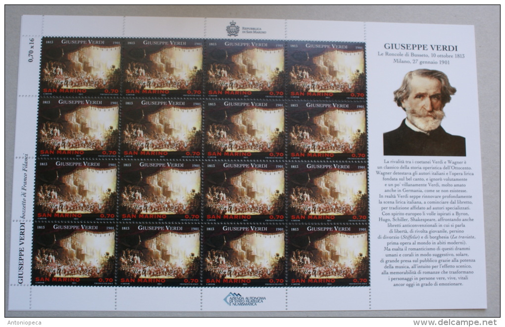 SAN MARINO 2013 - GIUSEPPE VERDI ANNIVERSARY  FULL SHEET MNH** - Unused Stamps