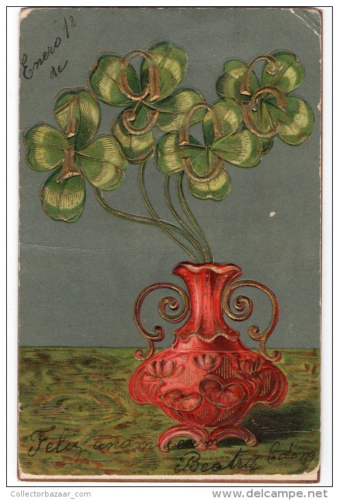 Pot With  Clover Carte Postale 1906 New Year Celebration Vintage Original Postcard Cpa Ak (W3_2507) - Año Nuevo