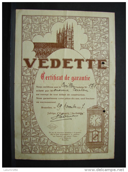 DH. U5. Certificat De Garantie Du Carillon Vedette N° 17/1 De 1927 - Historische Dokumente