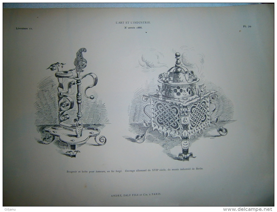 PLANCHE L ART ET L INDUSTRIE    BOUGEOIR ET BOITE POUR FUMEURS EN FER FORGE     ANNEE 1886 - Other Plans