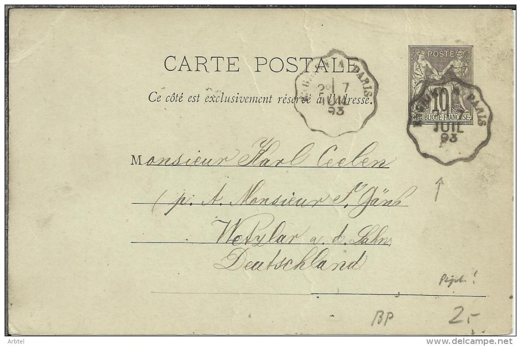 FRANCIA 1893 ENTERO POSTAL A ALEMANIA MAT PARIS - Autres & Non Classés