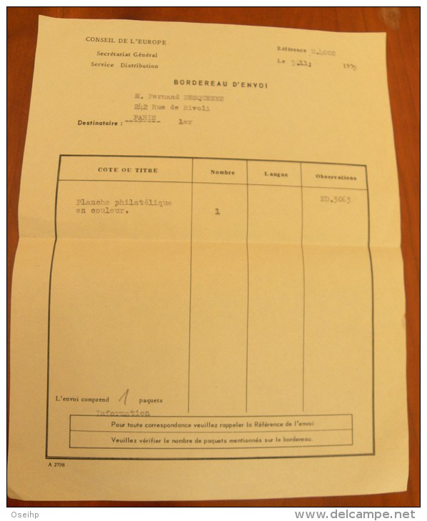 Bordereau D\´envoi CONSEIL De L´ EUROPE Planche Philatélique - 1959 - Other & Unclassified