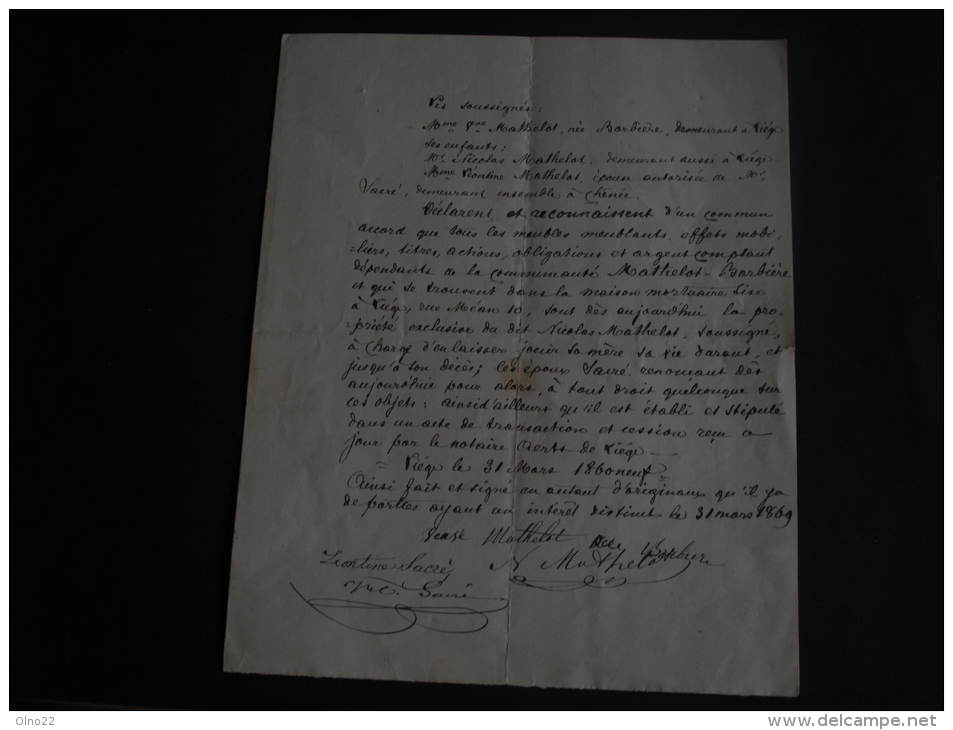 LIEGE-CHENEE -Convention Entre Mme MATHELOT Née Babière Et Ses Enfants - Usufruit Un Immeuble +- 31/3/1869 - Manuscrits