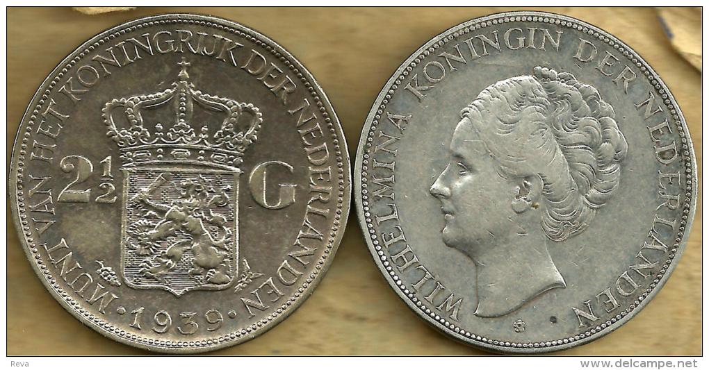 NETHERLANDS 2&1/2 GULDEN SHIELD FRONT WOMAN WILHELMINA BACK 1939 AG SILVER KM165 VF+ READ DESCRIPTION CAREFULLY !!! - 2 1/2 Gulden