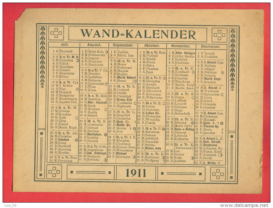 K834 / 1911 - WAND KALENDER - BIG Calendar Calendrier Kalender - Deutschland Germany Allemagne Germania - Big : 1901-20