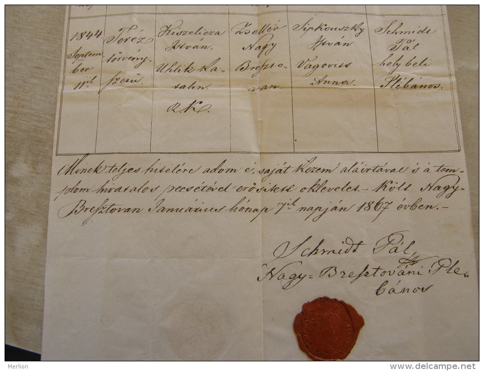 Old Document  1867 -Nagy-Bresztova - Brestova - Kiszelicza -Uhlik - Sipkovszky - Zsellér  TM003.7 - Nacimiento & Bautizo