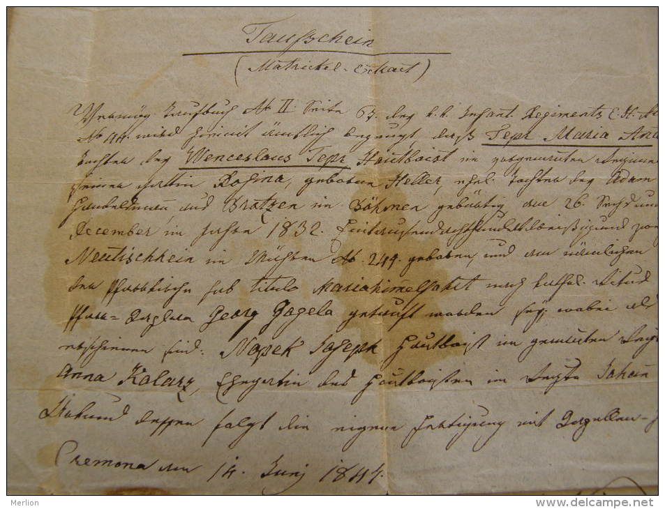 Old Document  1844- Cremona - Italia ?  Bratzen - Böhmen - Hautbaist - TM003.8 - Naissance & Baptême