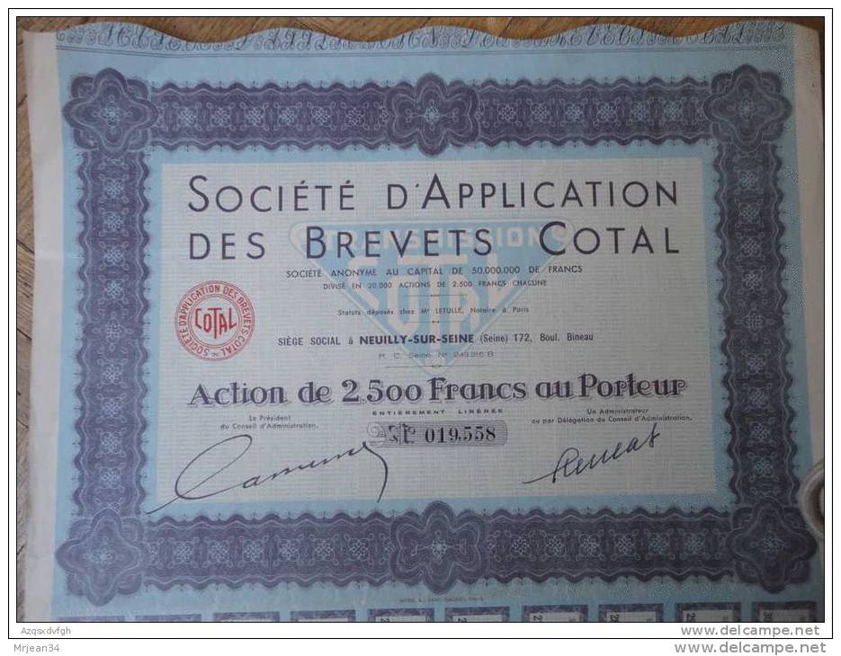 92 NEUILLY Ste D´Application Des Brevets COTAL ACTION DE 2500 FF Au Porteur + Ses 30 Coupons Attachés - Automobil