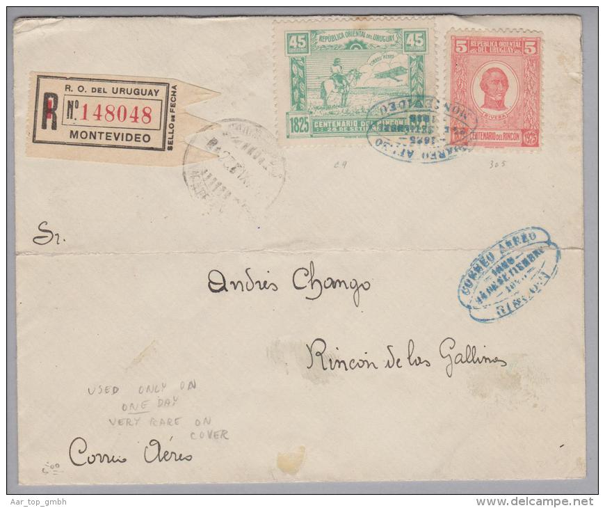 Uruguay 1925-09-26 Montevideo Flugpost-R-Brief Nach Rincon De Las Gallinos (Bug) - Uruguay