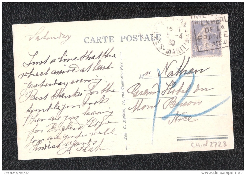 MENTON - Hôtel Royal Et Westminster  Postage Due AMOUNT HAND WRITTEN NO Postage Due Stamps - Tax/Porto - Menton
