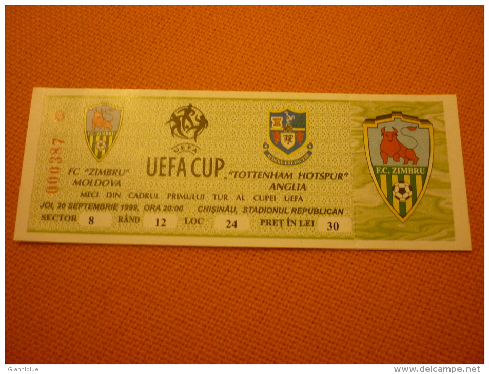 Zimbru Moldova-Tottenham Hotspur Football UEFA Cup Match Ticket 30/09/1999 - Eintrittskarten