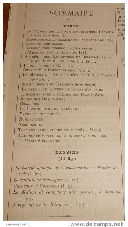 La Semaine Des Constructeurs. N°4.  23 Jullet 1887 . Hôtel De Peintre à Meudon. Chéneaux Et Corniches. - Magazines - Before 1900