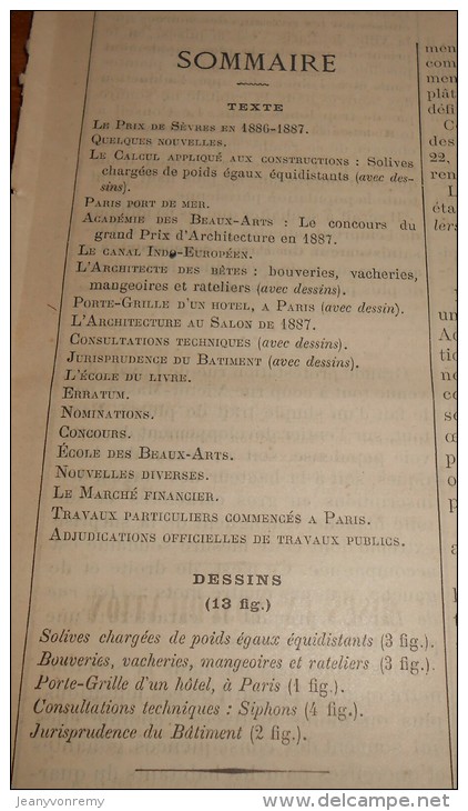 La Semaine Des Constructeurs. N°5.  30 Jullet 1887. Porte-Grille D'Hôtel à Paris. Bouveries, Vacheries, Mangeoires... - Revues Anciennes - Avant 1900