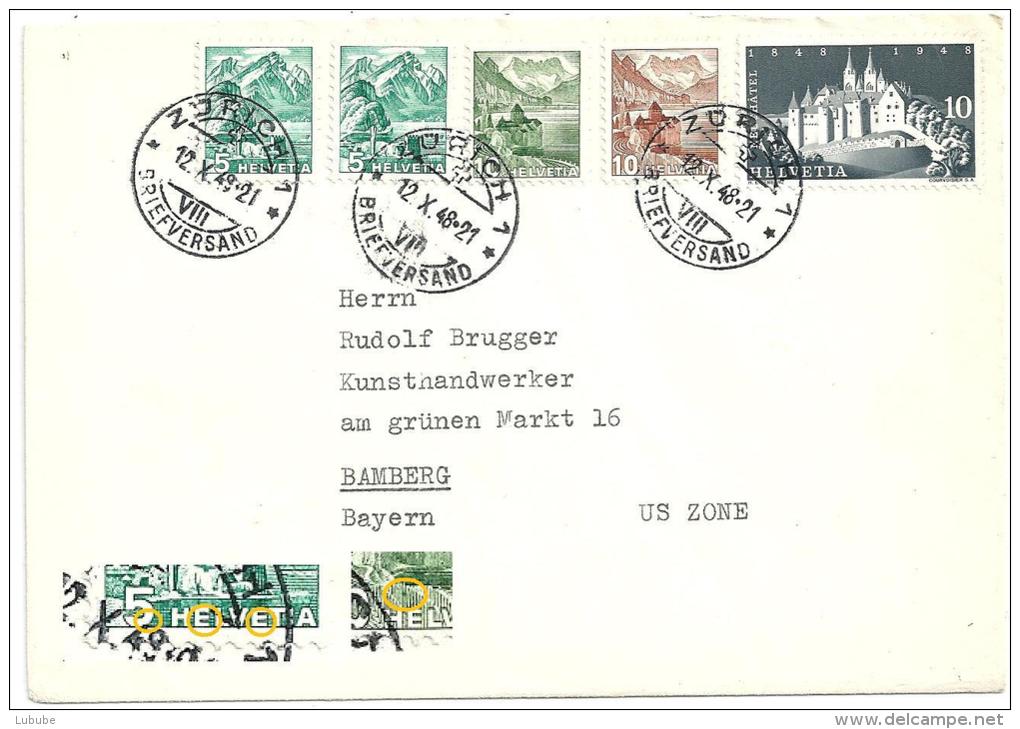 Auslandbrief  Zürich - Bamberg D  (Mischfrankatur)               1948 - Lettres & Documents