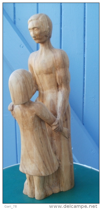 Statue, Sculpture Fait Main, Femme Et Enfant En Bois, Pièce Unique - Holz