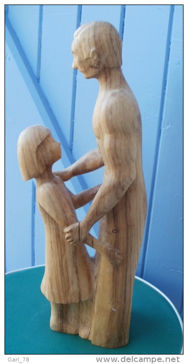 Statue, Sculpture Fait Main, Femme Et Enfant En Bois, Pièce Unique - Holz