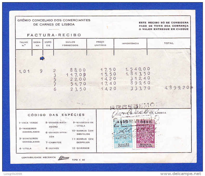 GRÉMIO CONCELHOIO DOS COMERCIANTES DE CARNES DE LISBOA -- 4$00 + 0$90 - Lettres & Documents