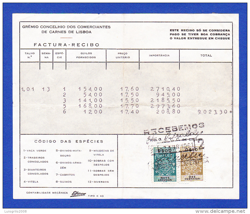 GRÉMIO CONCELHOIO DOS COMERCIANTES DE CARNES DE LISBOA -- 9$00 + 0$10 - Storia Postale