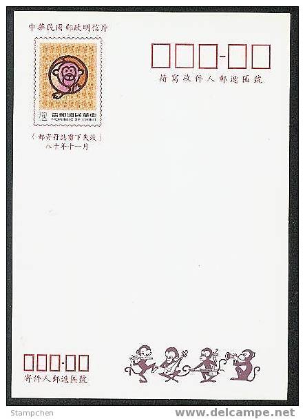 Taiwan Pre-stamp Postal Cards Of 1991 Chinese New Year Zodiac - Monkey 1992 - Interi Postali