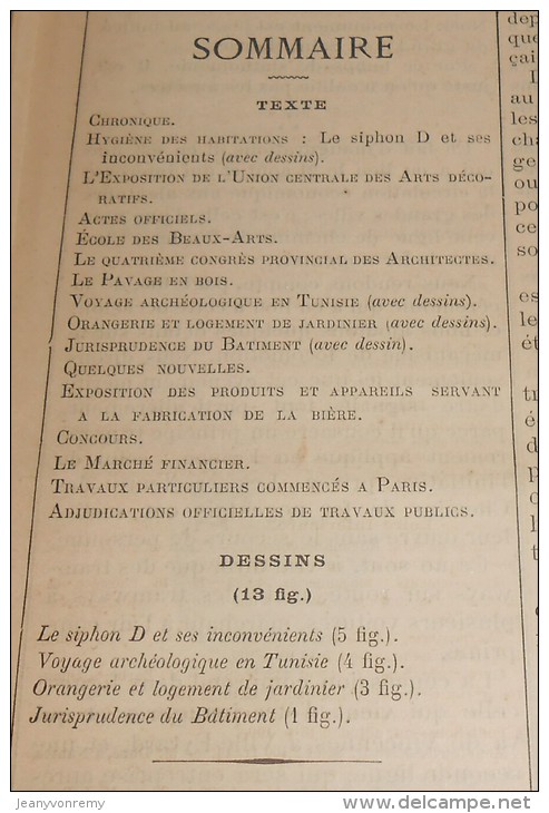 La Semaine Des Constructeurs. N°9.  27  Août 1887. Orangerie Et Logement De Jardinier. Voyage Archéologique En Tunisie. - Revistas - Antes 1900