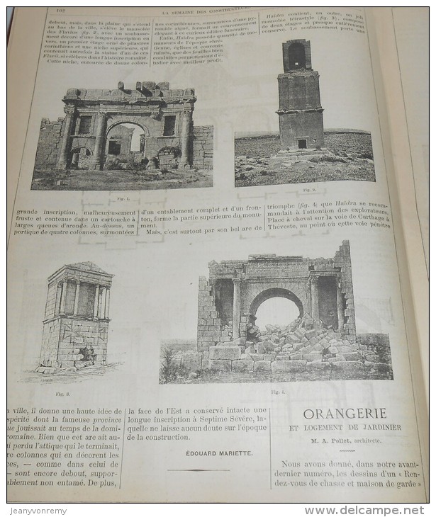 La Semaine Des Constructeurs. N°9.  27  Août 1887. Orangerie Et Logement De Jardinier. Voyage Archéologique En Tunisie. - Revistas - Antes 1900