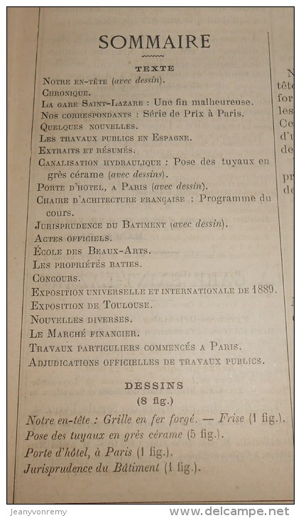 La Semaine Des Constructeurs. N°10.  3  Septembre 1887. Porte D'Hôtel à Paris. Grille En Fer Forgé. - Magazines - Before 1900