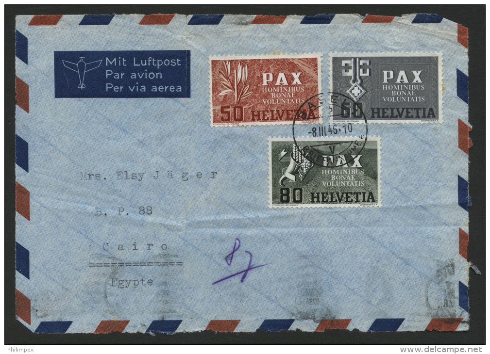 SWITZERLAND, 3 PAX STAMPS 50, 60 80 CENTIMES ON FRONT FROM AIRPOST COVER EGYPT (FRONT) - Lettres & Documents