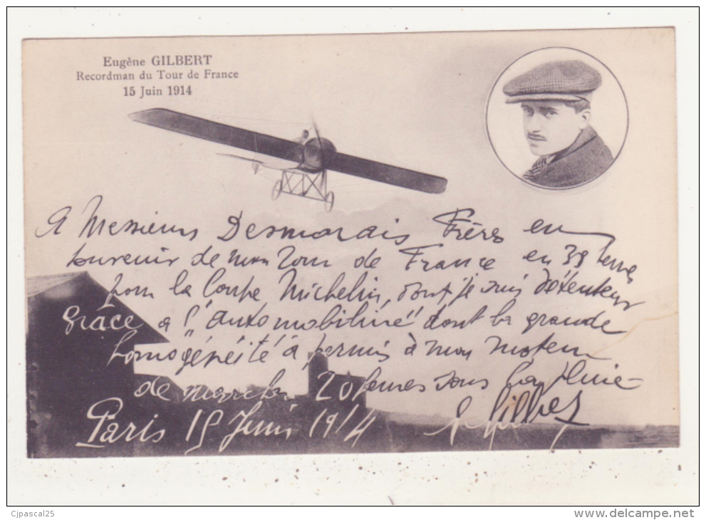 AVIATION - EUGENE GILBERT RECORDMAN DU TOUR DE FRANCE 15 JUIN 1914 - CPA ANIMEE - Aviateurs