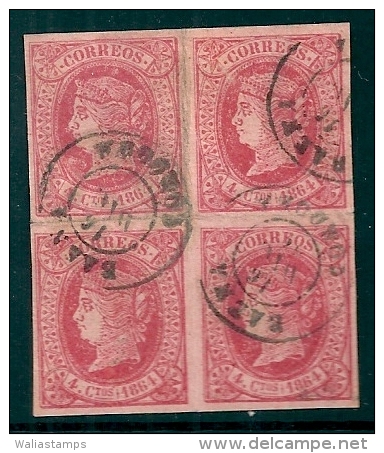 Spain-España 1864 Edifil 64 Used Baena Block Of Four - Used Stamps