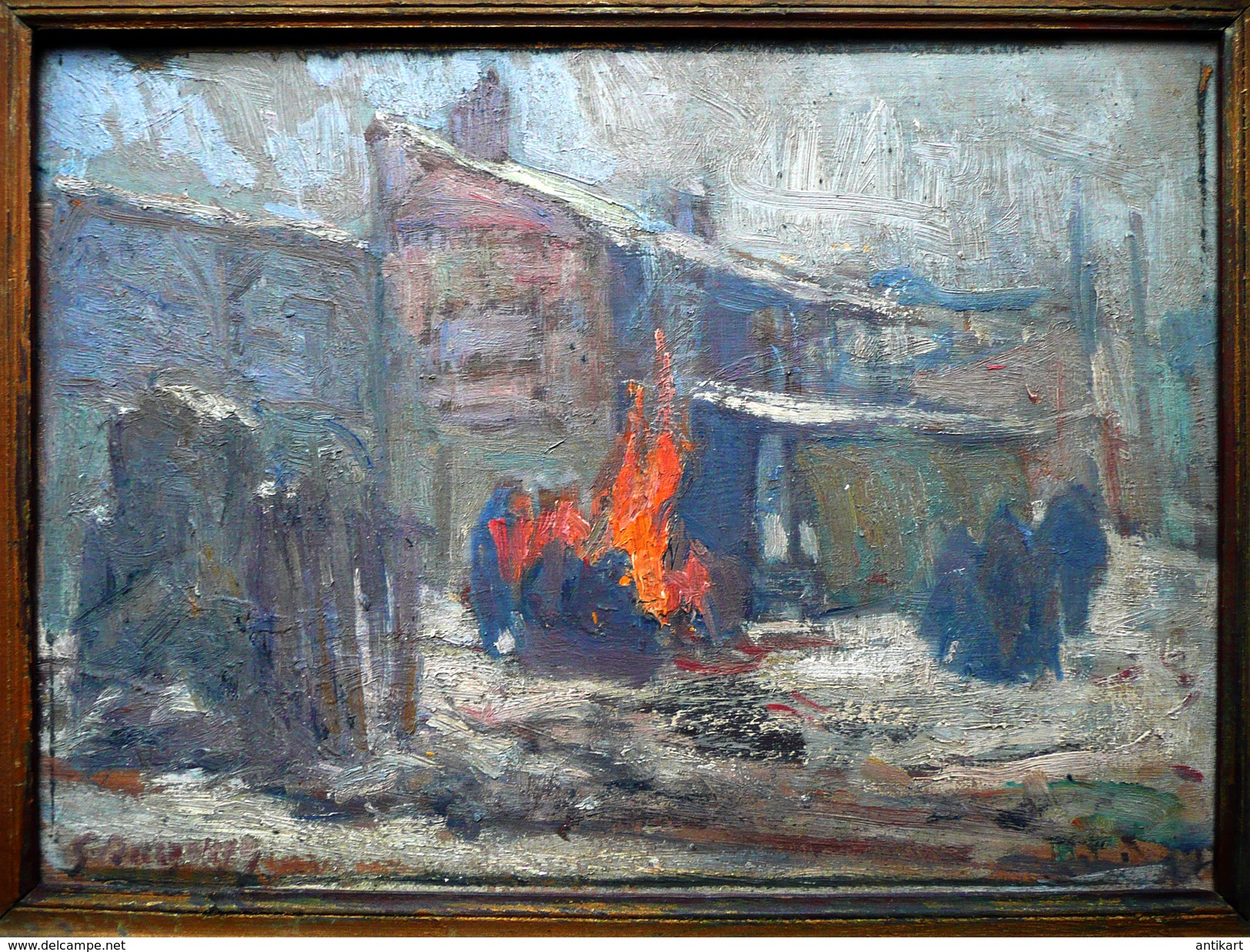 WW1 Le feu - hiver 1917 - huile sur panneau - ECOLE EUROPENNE signée