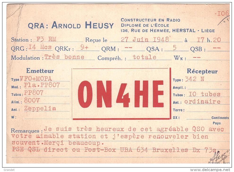 CARTE RADIO - QSL - CARTE RADIO QSL - BELGIQUE - BELGIUM - HERSTAL - LIEGE  - 1948 - Radio Amateur