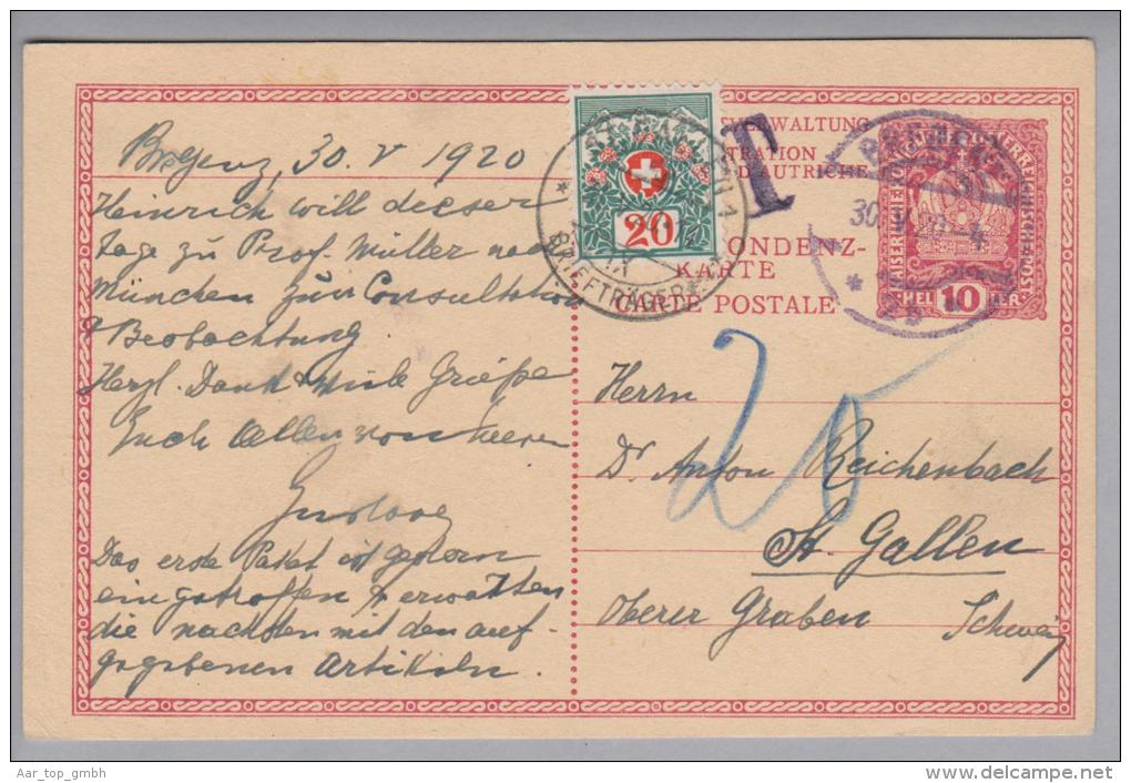 Heimat SG St.Gallen 1920-05-31 Taxierter Brief Aus Bregenz - Strafportzegels