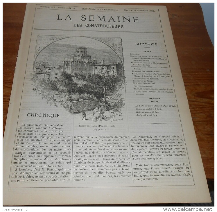 La Semaine Des Constructeurs. N°13.  24  Septembre 1887. Notre-Dame Du Port à Clermont Ferrand. Flèche De Notre-Dame De - Magazines - Before 1900