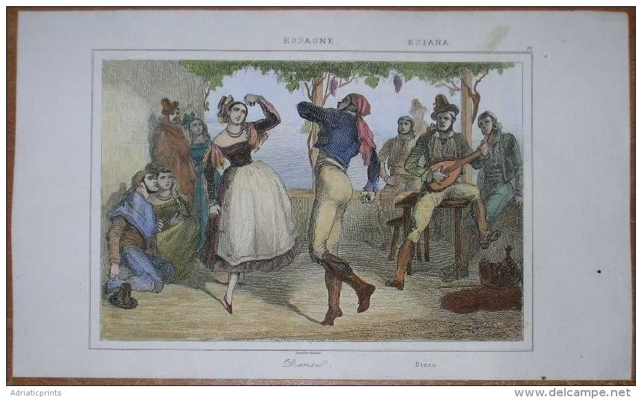 1844 Print SPANISH DANCE, SPAIN (#77) - Andere & Zonder Classificatie