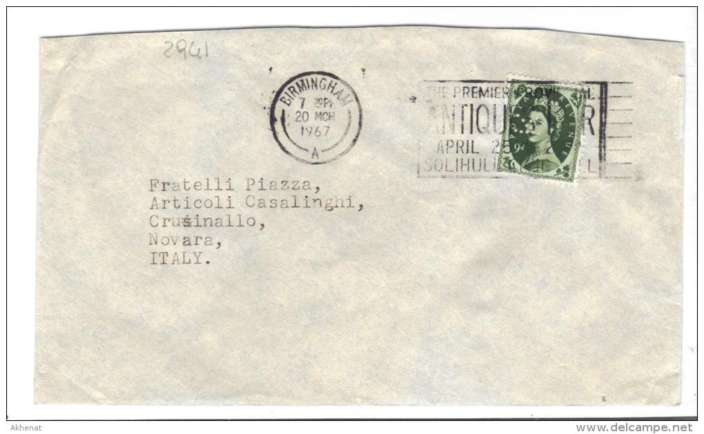 VER2941 - GRAN BRETAGNA 1967 , 9 Pence Birmingham Perfin Per L'Italia . - Lettres & Documents