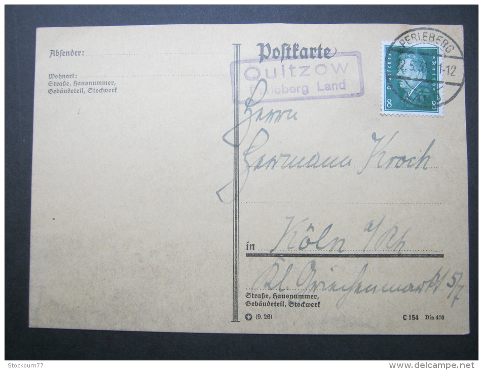 1931, QUITZOW - Perleberg Land, Landpoststempel Auf Karte - Covers & Documents