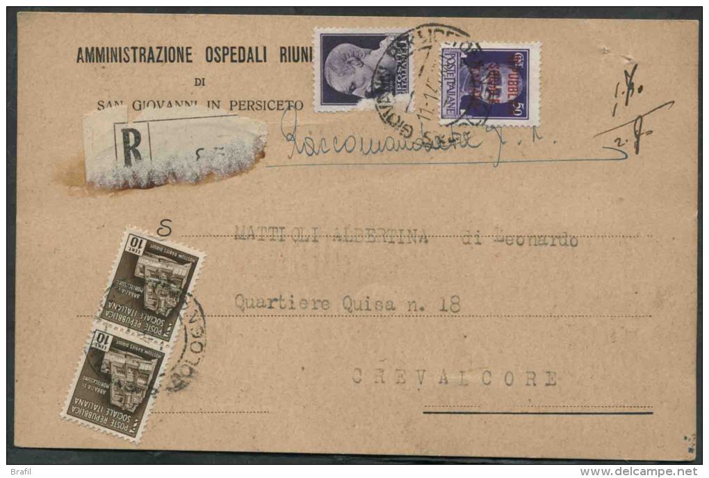 1945 Italia, Cartolina Postale Raccomandata Da S.Giovanni In Persiceto Per Crevalcore - Marcophilie