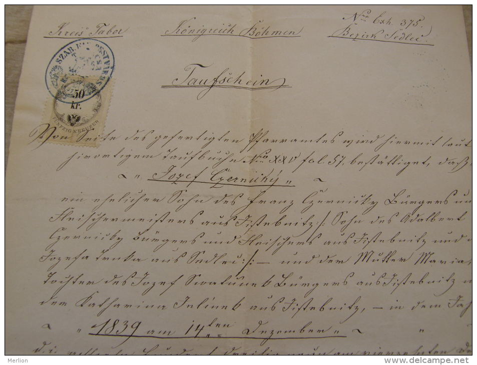 Old Document  1869 -Bohemia Böhmen Jistebnice - Kreis Tabor - Jozef Czernicky (1839)  TM007.1 - Nacimiento & Bautizo