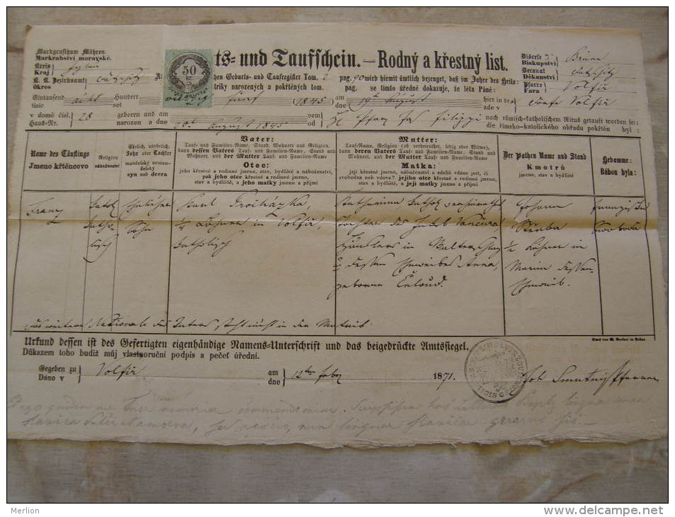 Old Document  1871 -Czech Republic - Mähren -Wolfir -Zoviensis - Prohaska ?   TM007.4 - Geboorte & Doop