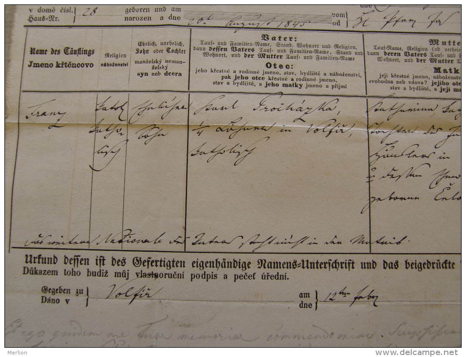 Old Document  1871 -Czech Republic - Mähren -Wolfir -Zoviensis - Prohaska ?   TM007.4 - Birth & Baptism