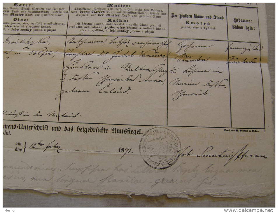 Old Document  1871 -Czech Republic - Mähren -Wolfir -Zoviensis - Prohaska ?   TM007.4 - Nacimiento & Bautizo