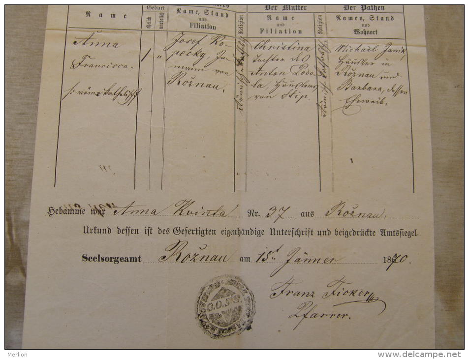 Old Document  1870 -Czech Republik  -ROZNAU -ROZNOV - Josef KOPECZKY - Jaklisek -  TM007.8 - Nacimiento & Bautizo