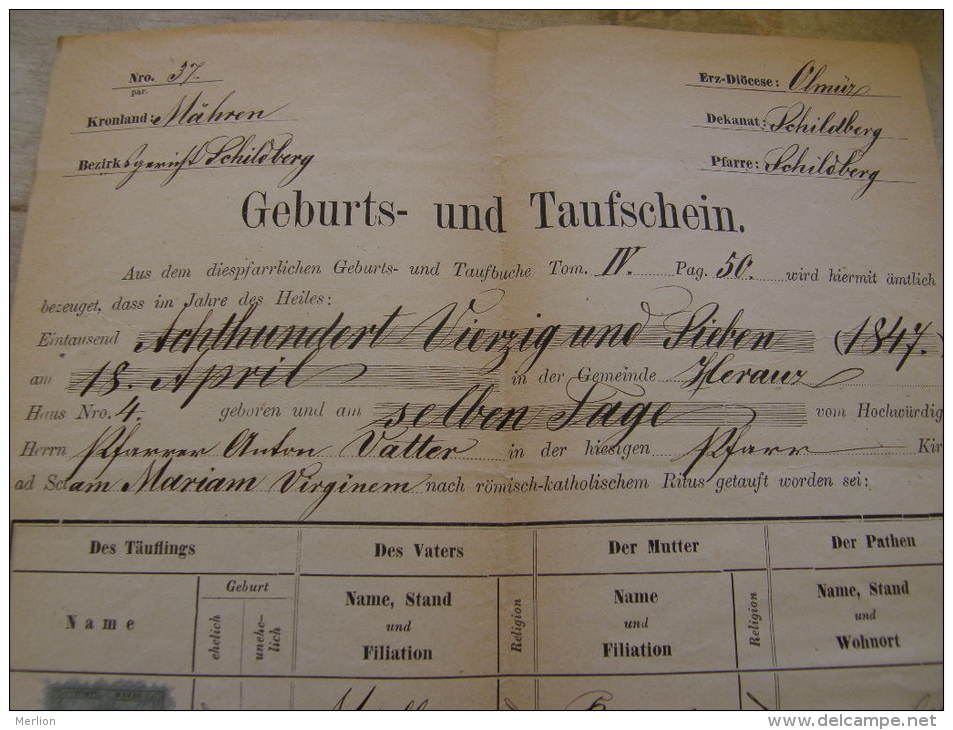 Old Document  1875 - Czech Republik -&Scaron;títy  SCHILDBERG -Mähren, Okres &Scaron;umperk - Müller -Rosa- Olbrich -Lan - Nacimiento & Bautizo