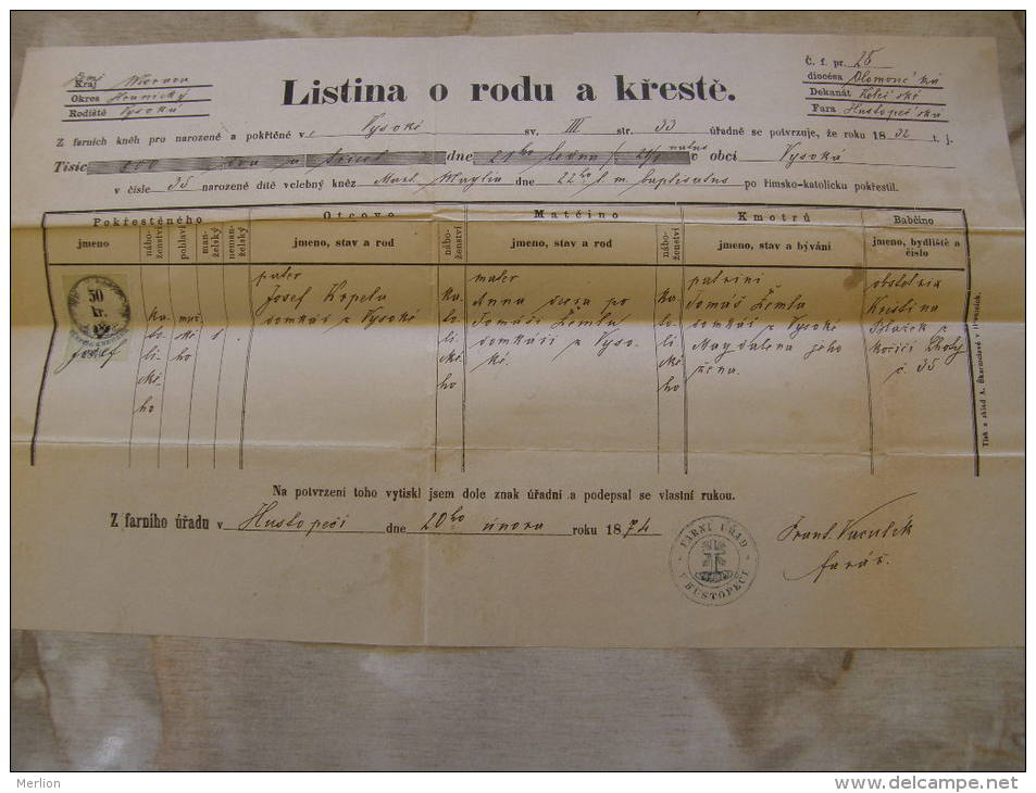Old Document  1874 - Czech Republik -HustopeÄe&lrm;-  Josef Krpela -  TM011.6 - Nacimiento & Bautizo