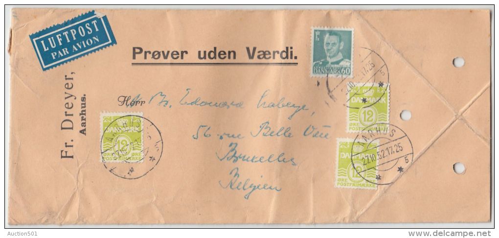 19148 Prover Uden Vaerdi AIRMAIL SAMPLE From AARHUS 27.10.52 To Brussels - GF - Lettres & Documents