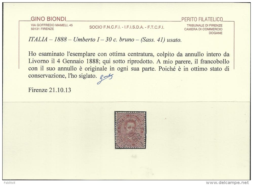 ITALIA REGNO 1879 RE UMBERTO I 30 CENT. ANNULLO LIVORNO ARDENZA OTTIMA CENTRATURA CERTIFICATO ITALY KINGDOM USED - Usati